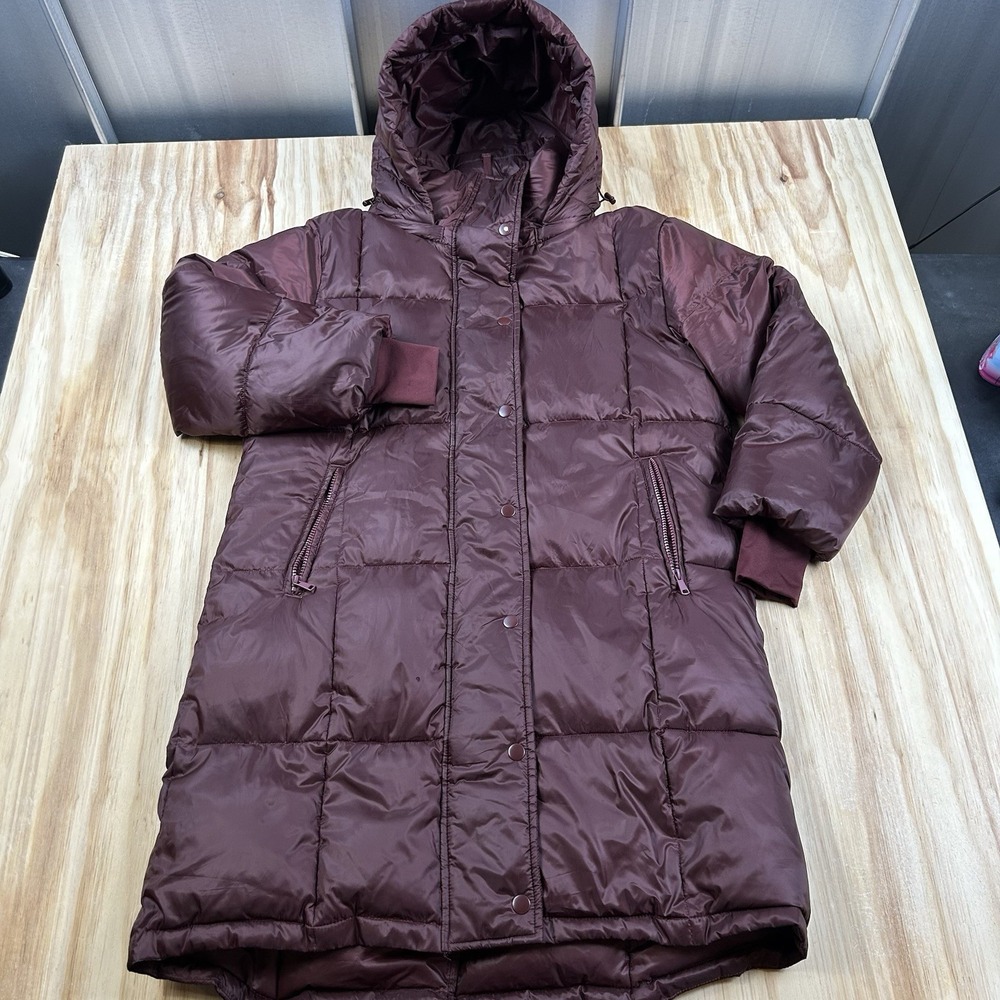 Gap Women's Recycled Puffer Coat Large Red PrimaLoft Water Resistant Long Hood